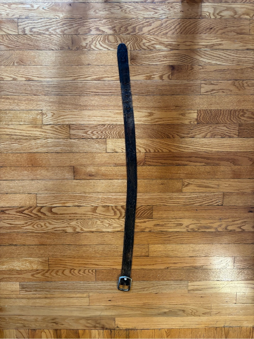 Embossed Brown Leather Belt with Silver Buckle